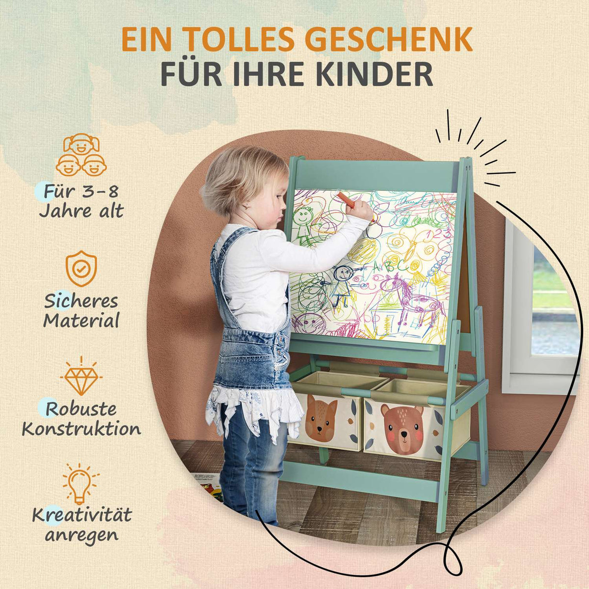 Children'S Board, 3 In 1 Children'S Easel, Double-Sided Children'S Game Board, Whiteboard & Chalk Board, Standing Board With Paper Roll, 2 Storage Boxes, Other Accessories