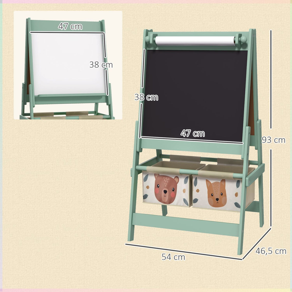 Children'S Board, 3 In 1 Children'S Easel, Double-Sided Children'S Game Board, Whiteboard & Chalk Board, Standing Board With Paper Roll, 2 Storage Boxes, Other Accessories