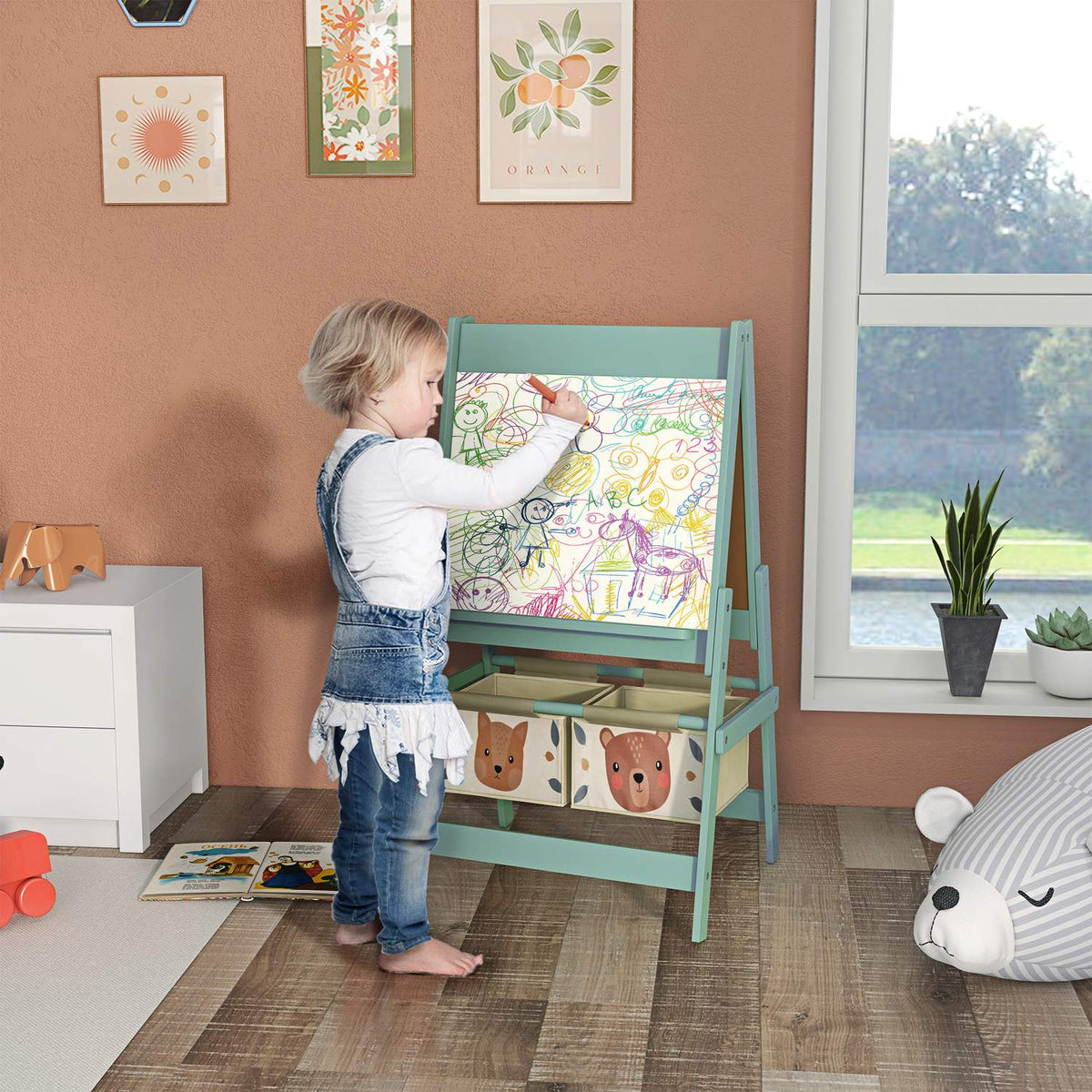 Children'S Board, 3 In 1 Children'S Easel, Double-Sided Children'S Game Board, Whiteboard & Chalk Board, Standing Board With Paper Roll, 2 Storage Boxes, Other Accessories
