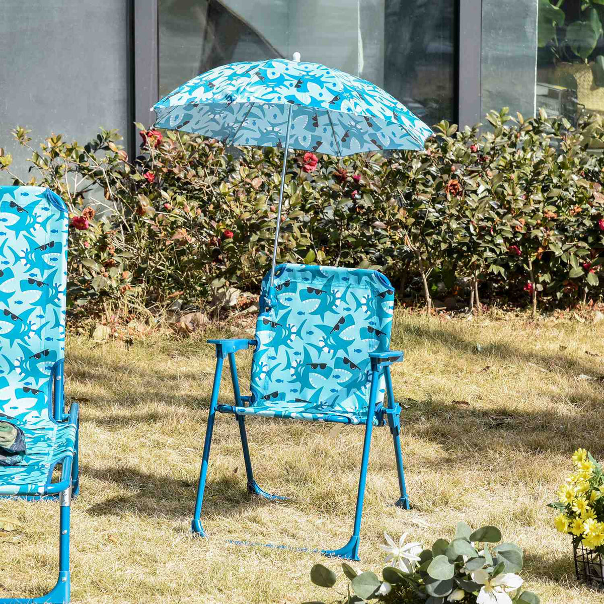 Children'S Camping Chair Folding Beach Chair With Parasol Lightweight For 1-3 Years Blue 39X39X52Cm