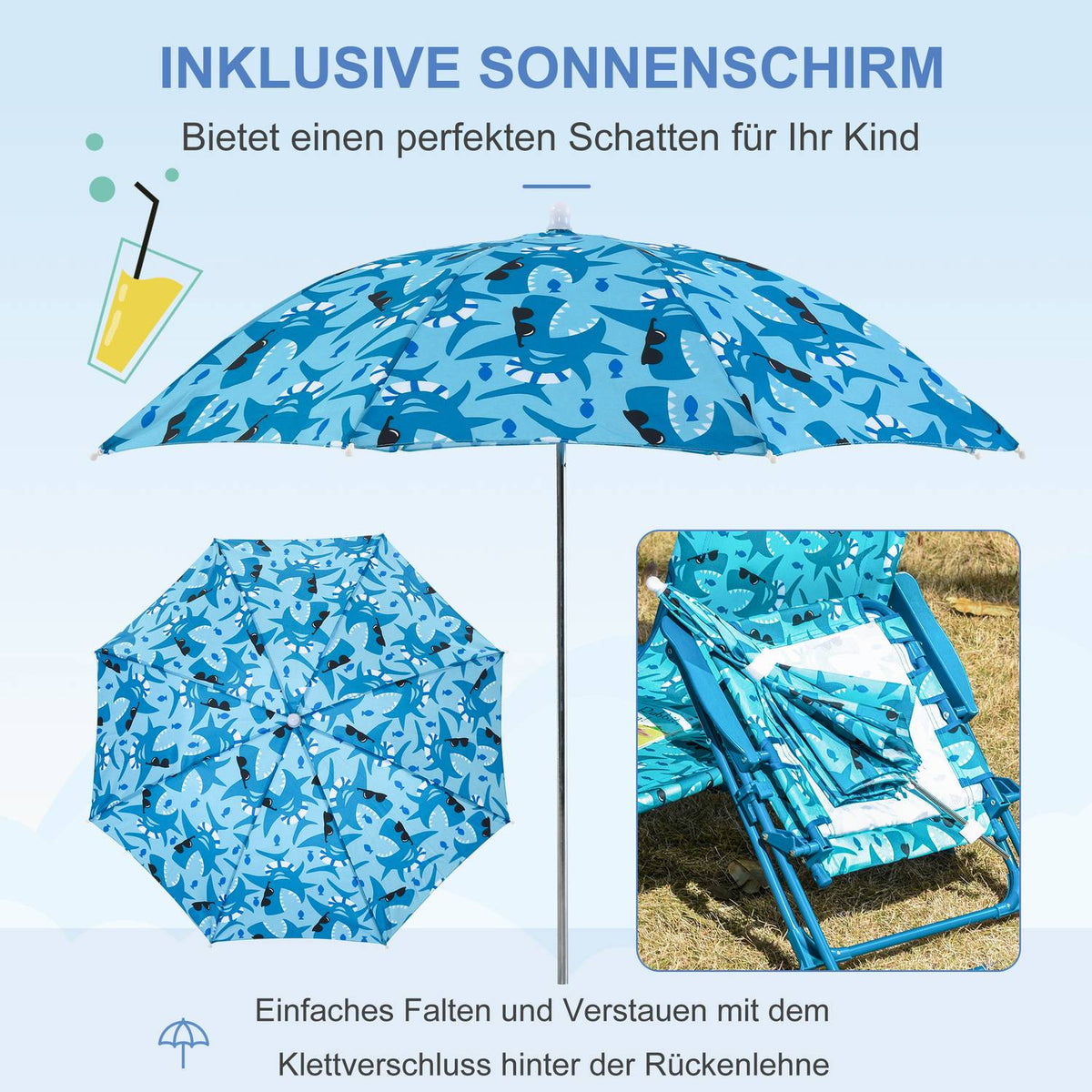 Children'S Camping Chair Folding Beach Chair With Parasol Lightweight For 1-3 Years Blue 39X39X52Cm