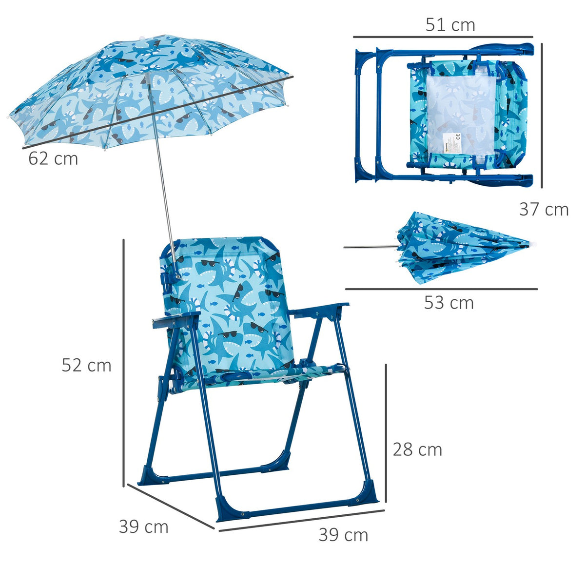 Children'S Camping Chair Folding Beach Chair With Parasol Lightweight For 1-3 Years Blue 39X39X52Cm