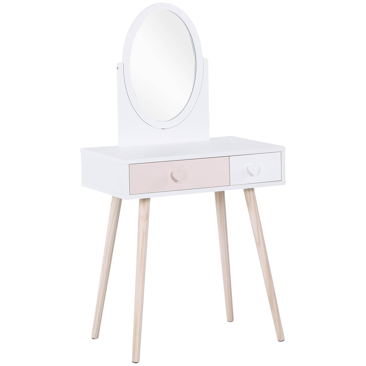 Children'S Dressing Table With Mirror, Cosmetic Table, Desk, 2 Drawers, Solid Wood, White, 69X49X136Cm