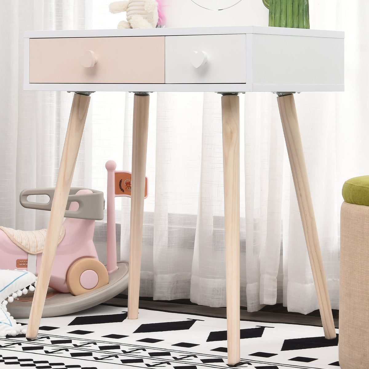 Children'S Dressing Table With Mirror, Cosmetic Table, Desk, 2 Drawers, Solid Wood, White, 69X49X136Cm