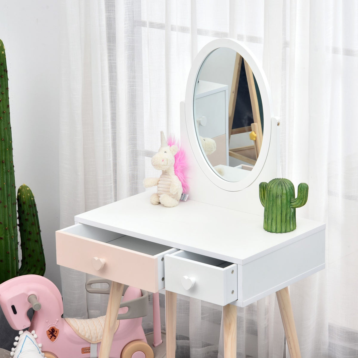Children'S Dressing Table With Mirror, Cosmetic Table, Desk, 2 Drawers, Solid Wood, White, 69X49X136Cm