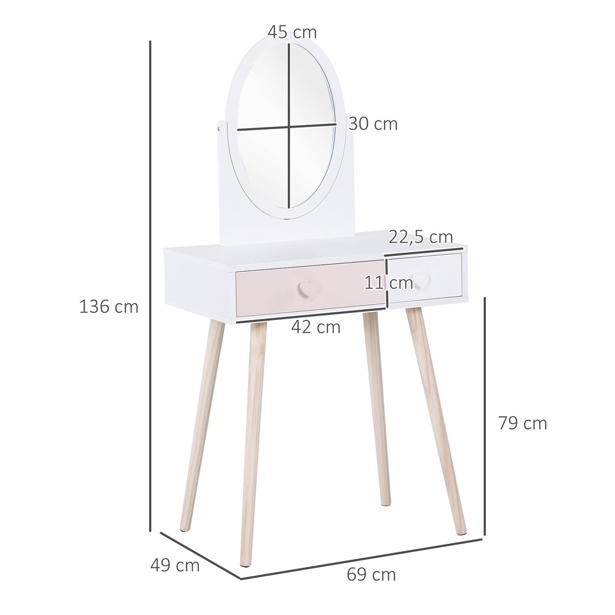 Children'S Dressing Table With Mirror, Cosmetic Table, Desk, 2 Drawers, Solid Wood, White, 69X49X136Cm