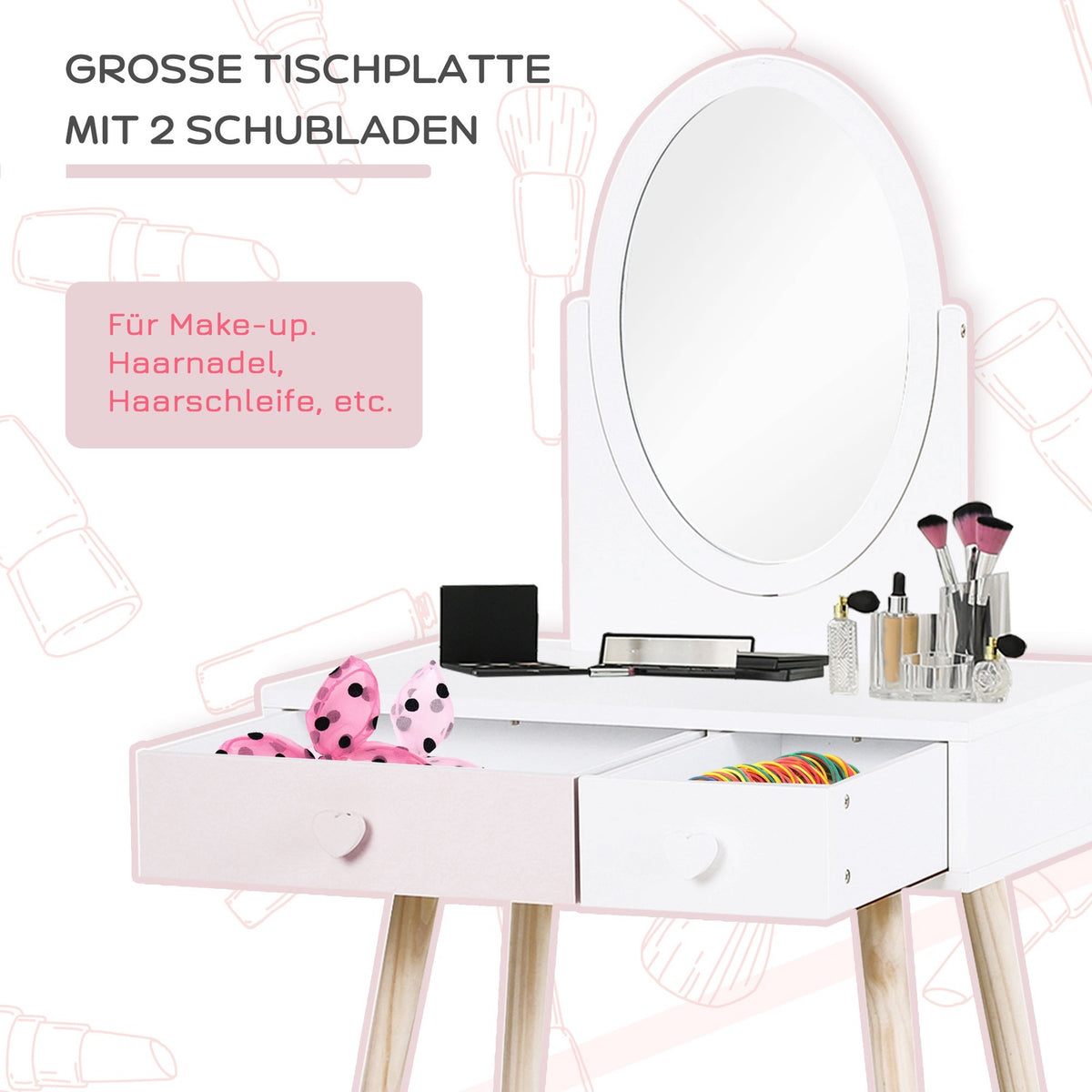 Children'S Dressing Table With Mirror, Cosmetic Table, Desk, 2 Drawers, Solid Wood, White, 69X49X136Cm