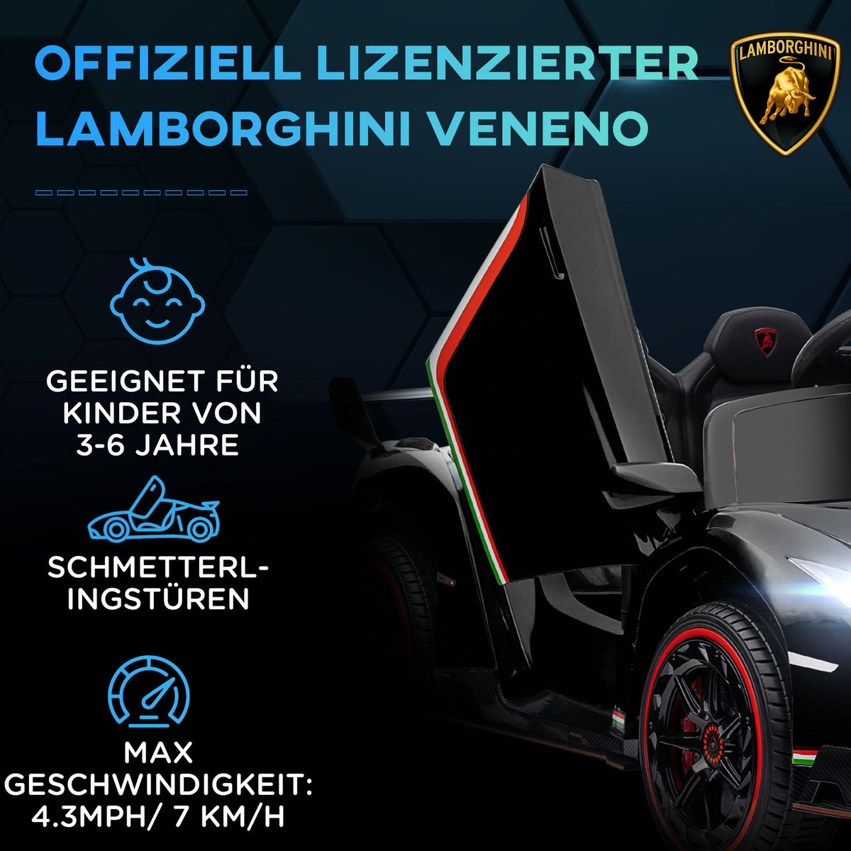 Children'S Electric Car 12V Children'S Car With Display, Remote Control, Children'S Vehicle With Bluetooth, Electric Vehicles With Music Function, Children'S Vehicle, For 3-6 Years Children, 3-7 Km/H, Black
