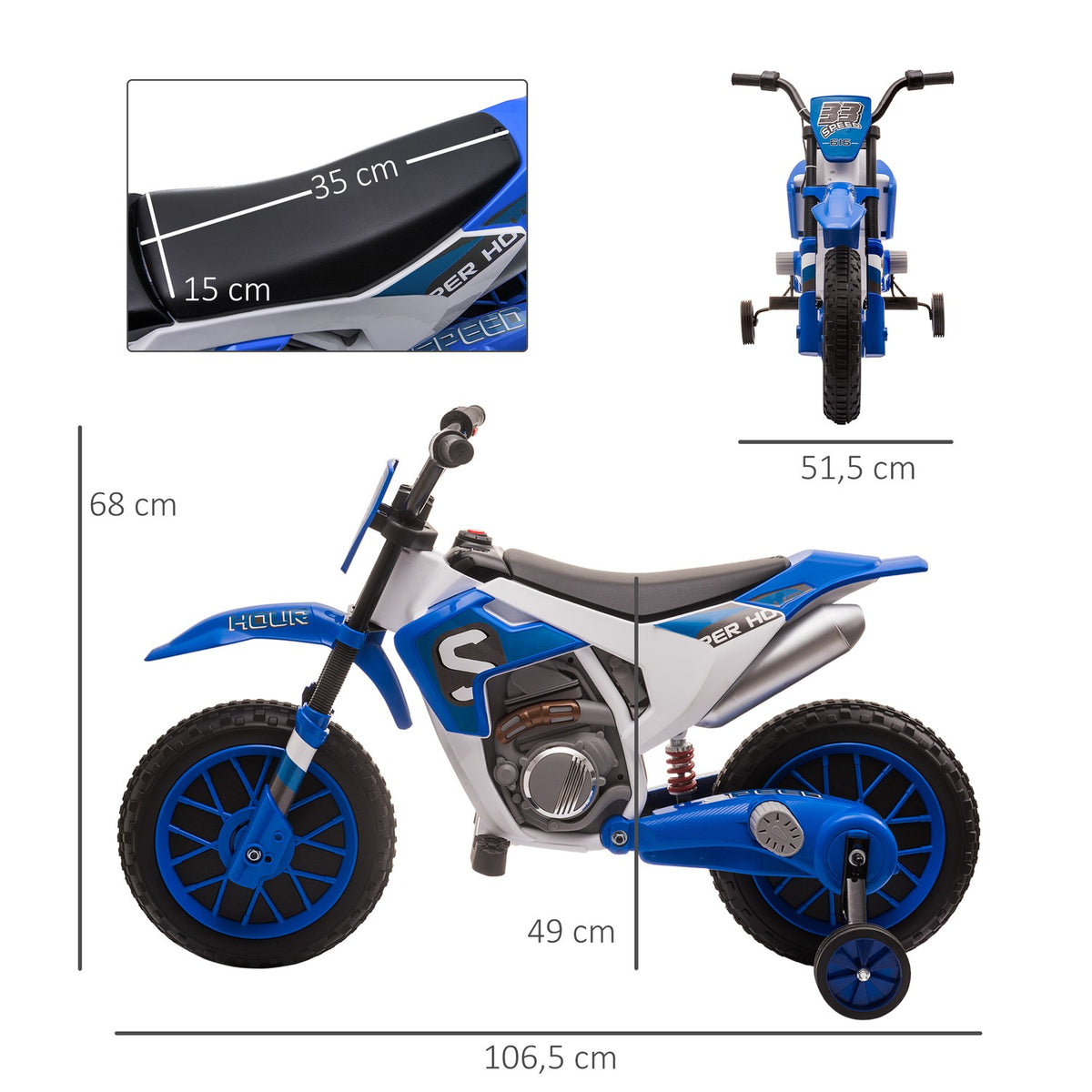 Children'S Electric Motorcycle 12V, With 2 Removable Support Wheels, From 3 Years, Pp Metal, Blue + White