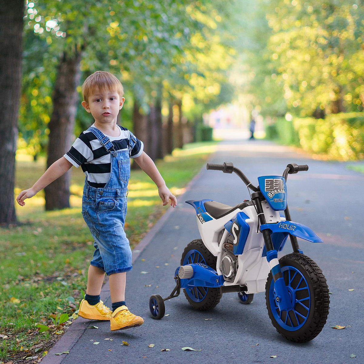 Children'S Electric Motorcycle 12V, With 2 Removable Support Wheels, From 3 Years, Pp Metal, Blue + White