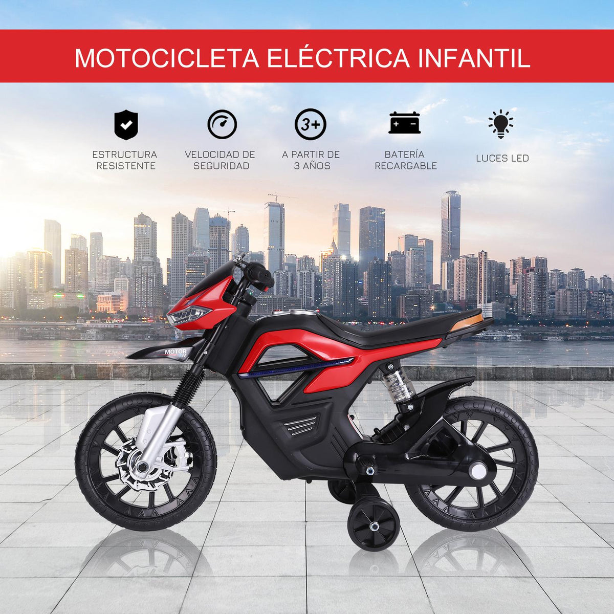 Children'S Electric Motorcycle Electric Motorcycle With Light, Music, Mp3, Training Wheels, 3 Km/H, For 3-6 Years