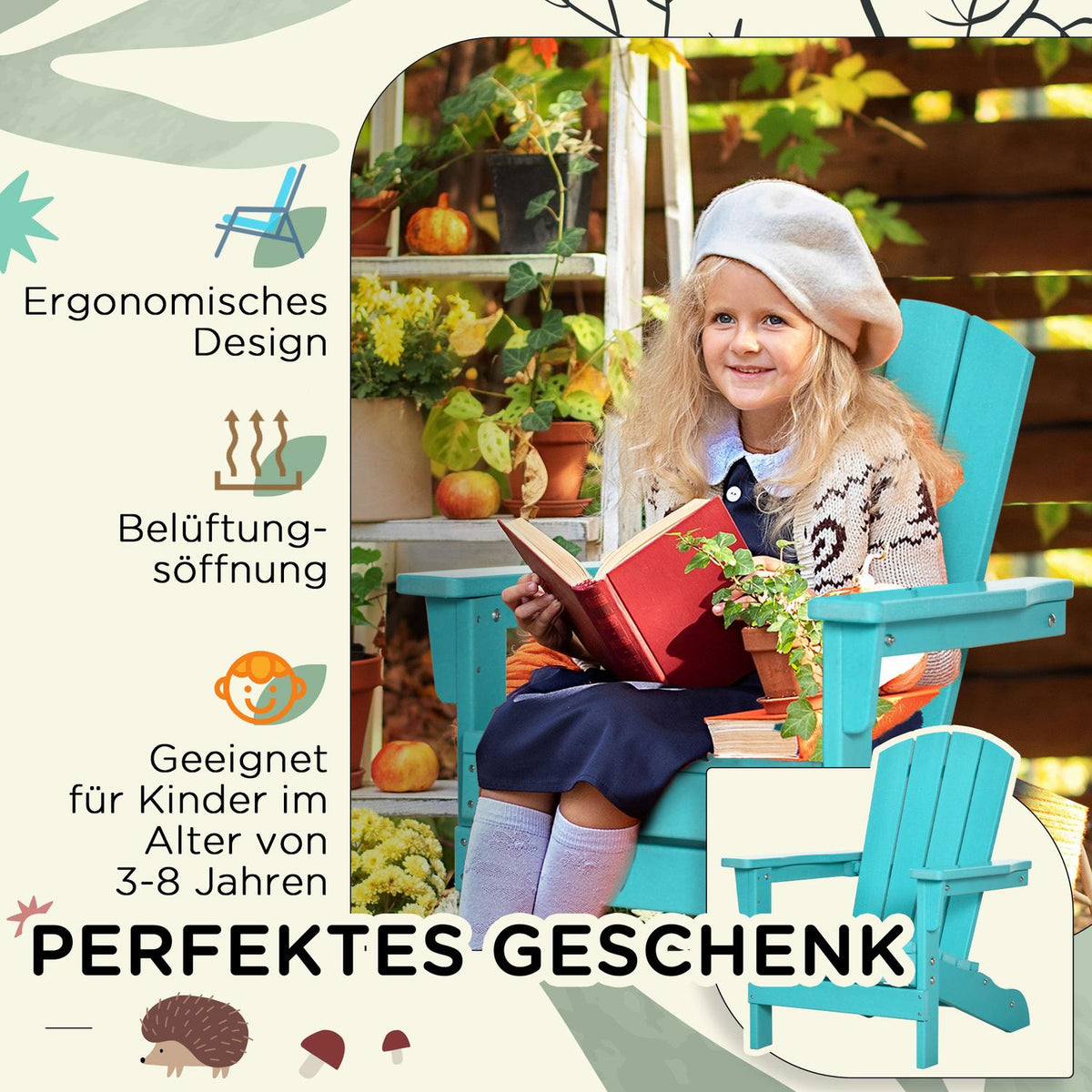 Children'S Garden Chair Adirondack Chair With Slat Design Balcony Chair Ages 3+ Teal