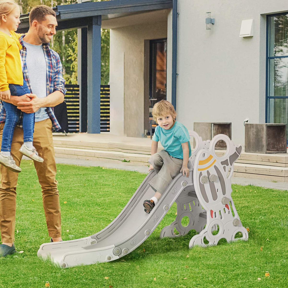 Children'S Garden Slide For 1.5-3 Years, Freestanding With Rocket Design, Gray & White