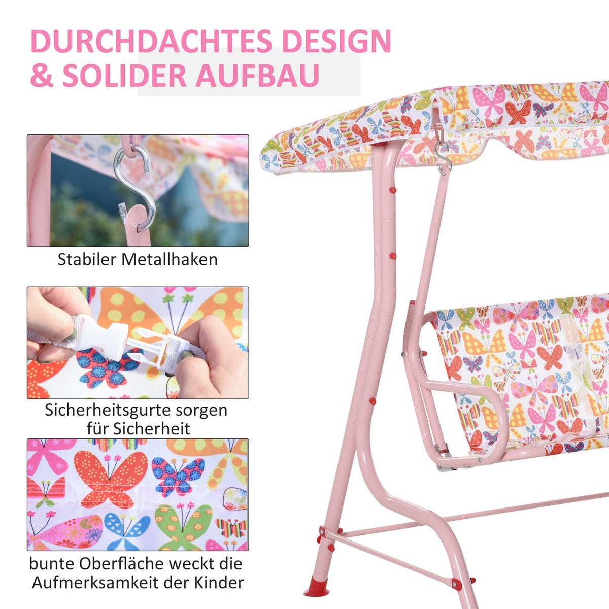 Children'S Hollywood Swing Children'S Swing With Sun Canopy 2-Seater Garden Swing For 3-6 Years Metal Pink 110L X 70W X 110H Cm