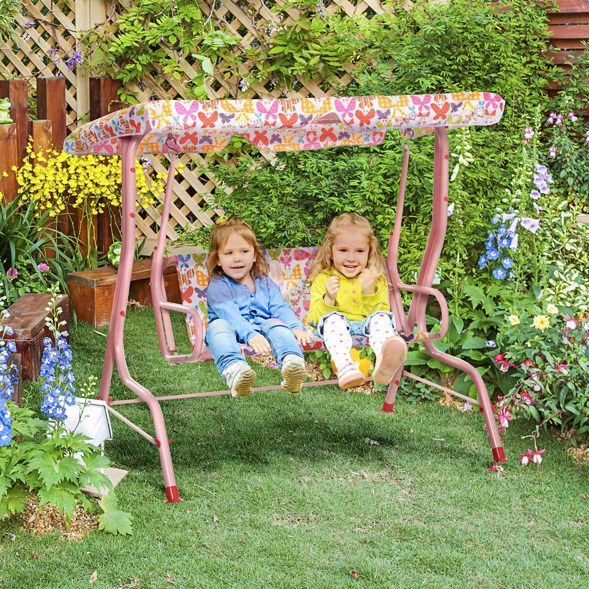 Children'S Hollywood Swing Children'S Swing With Sun Canopy 2-Seater Garden Swing For 3-6 Years Metal Pink 110L X 70W X 110H Cm