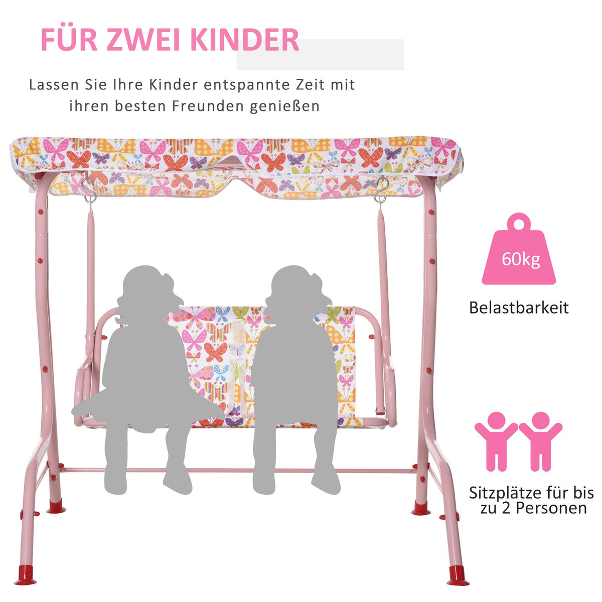 Children'S Hollywood Swing Children'S Swing With Sun Canopy 2-Seater Garden Swing For 3-6 Years Metal Pink 110L X 70W X 110H Cm