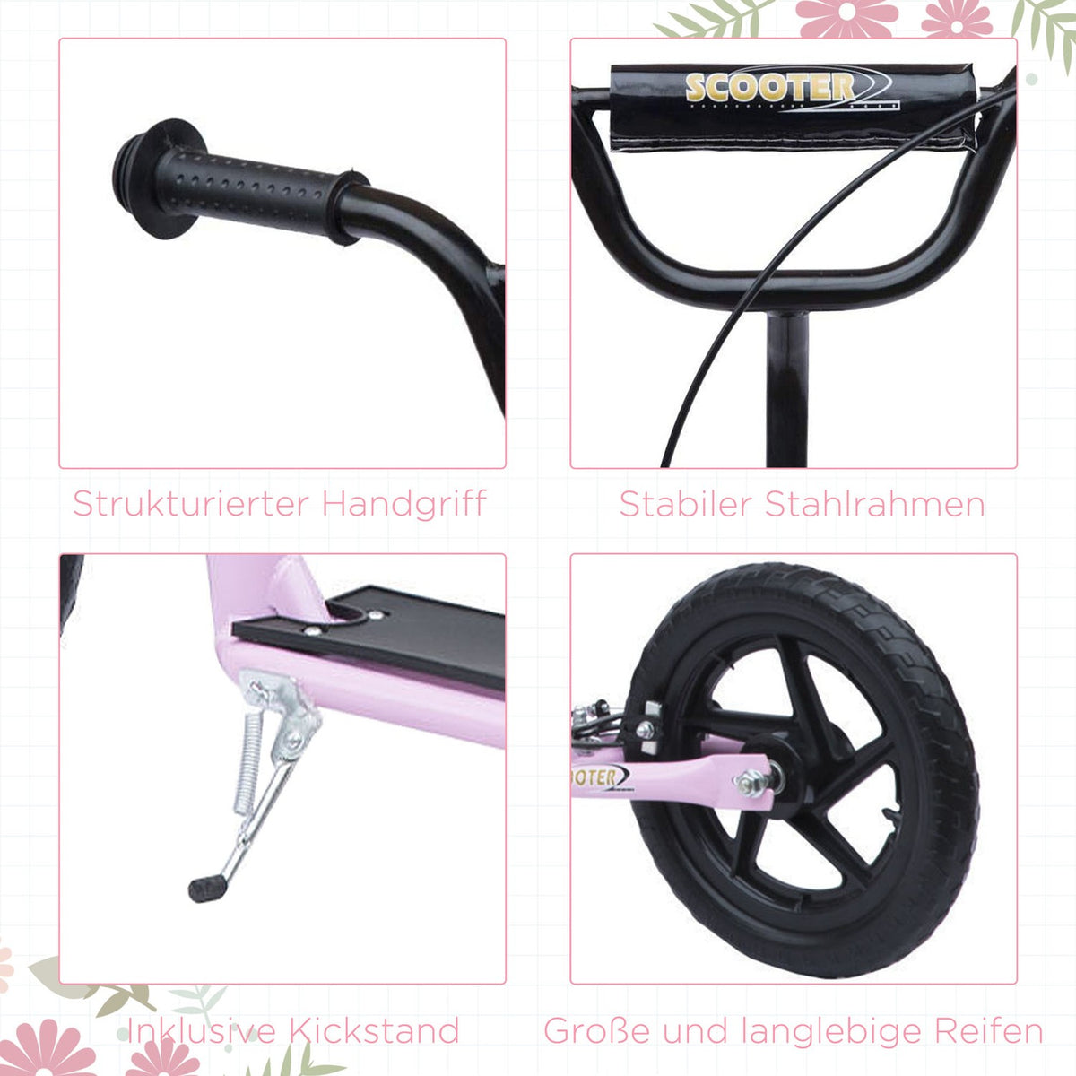 Children'S Kick Scooter 12 Inch With Rear Brake, Height-Adjustable Kick Scooter In Pink, Steel & Eva, For Children