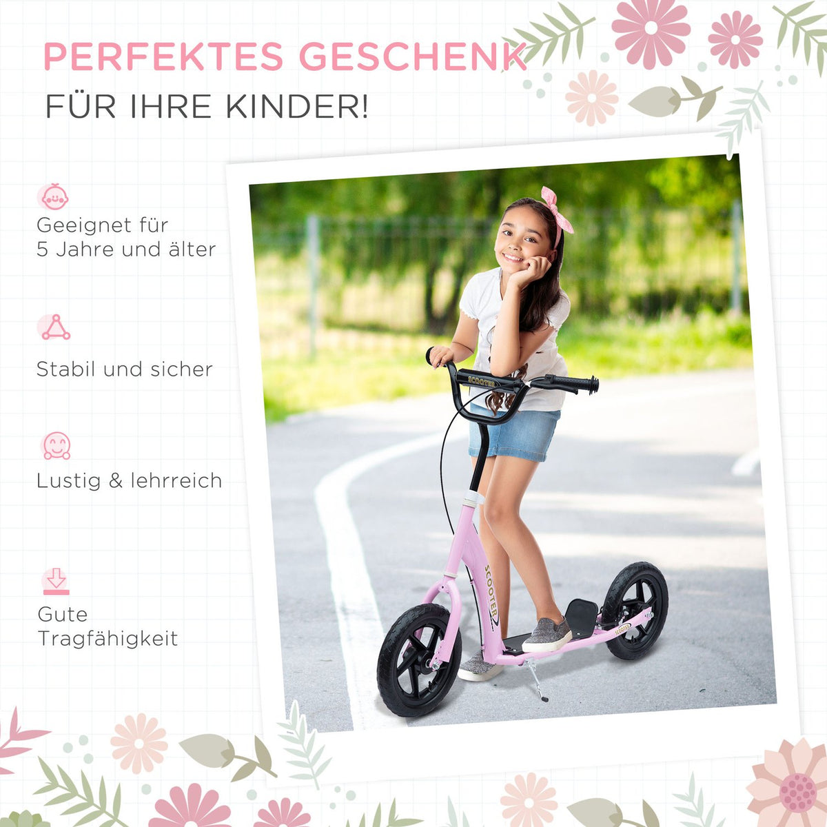 Children'S Kick Scooter 12 Inch With Rear Brake, Height-Adjustable Kick Scooter In Pink, Steel & Eva, For Children