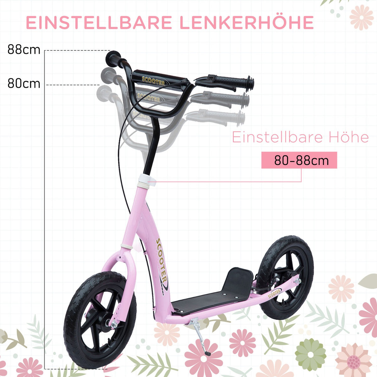 Children'S Kick Scooter 12 Inch With Rear Brake, Height-Adjustable Kick Scooter In Pink, Steel & Eva, For Children