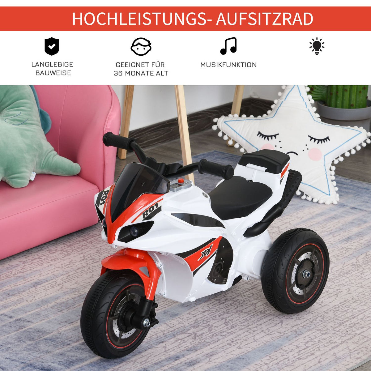 Children'S Motorcycle Ride-On Vehicle, Ride-On Vehicle With Music, For 18-36 Months, White, 74X39X48 Cm