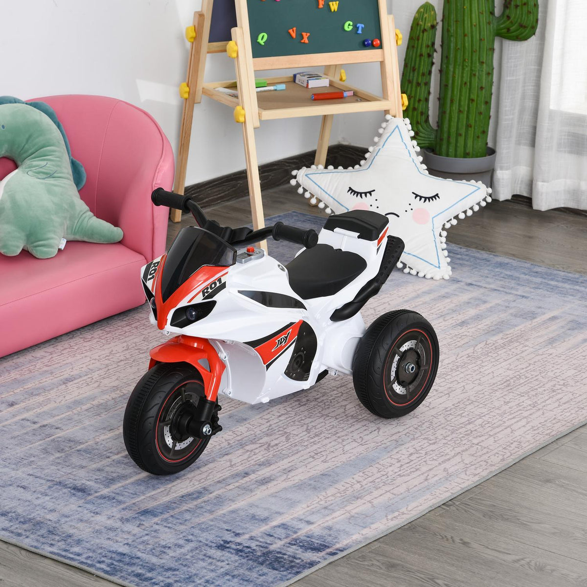 Children'S Motorcycle Ride-On Vehicle, Ride-On Vehicle With Music, For 18-36 Months, White, 74X39X48 Cm