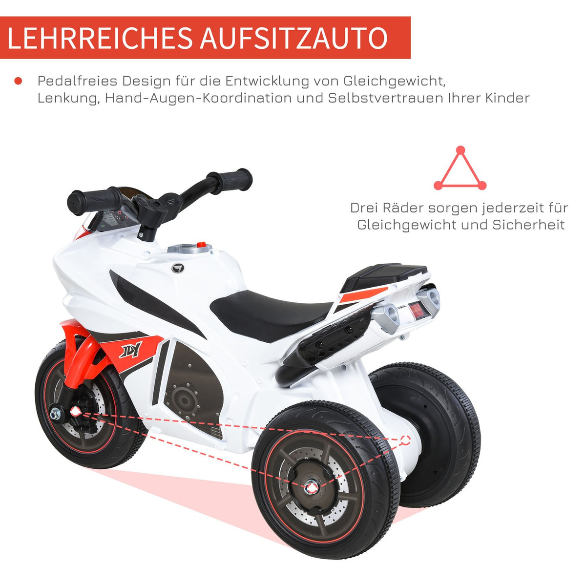 Children'S Motorcycle Ride-On Vehicle, Ride-On Vehicle With Music, For 18-36 Months, White, 74X39X48 Cm