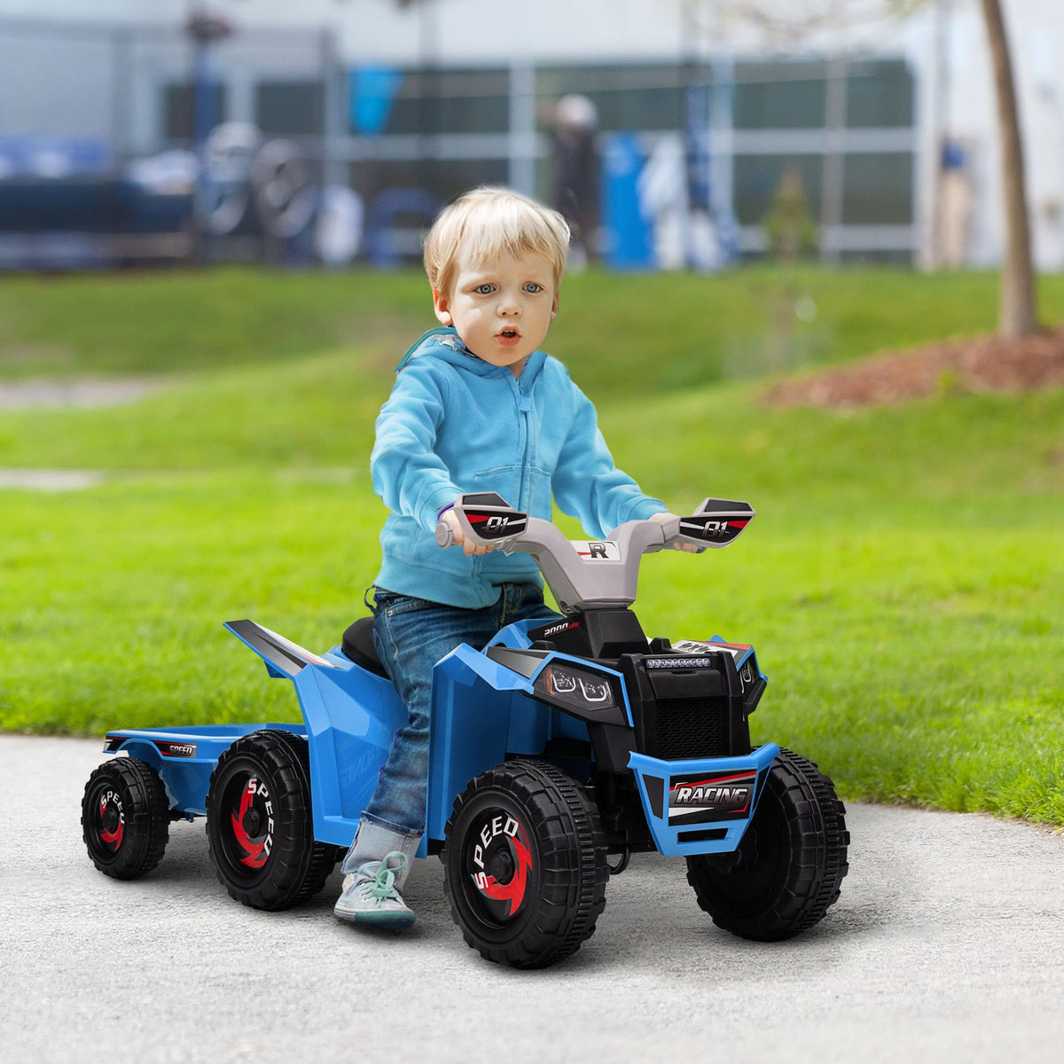 Children'S Quad Children'S Electric Quad, 6V Electric Car With Trailer, Children'S Vehicle For Children 1.5-3 Years, 2.5 Km/H, Metal, Blue