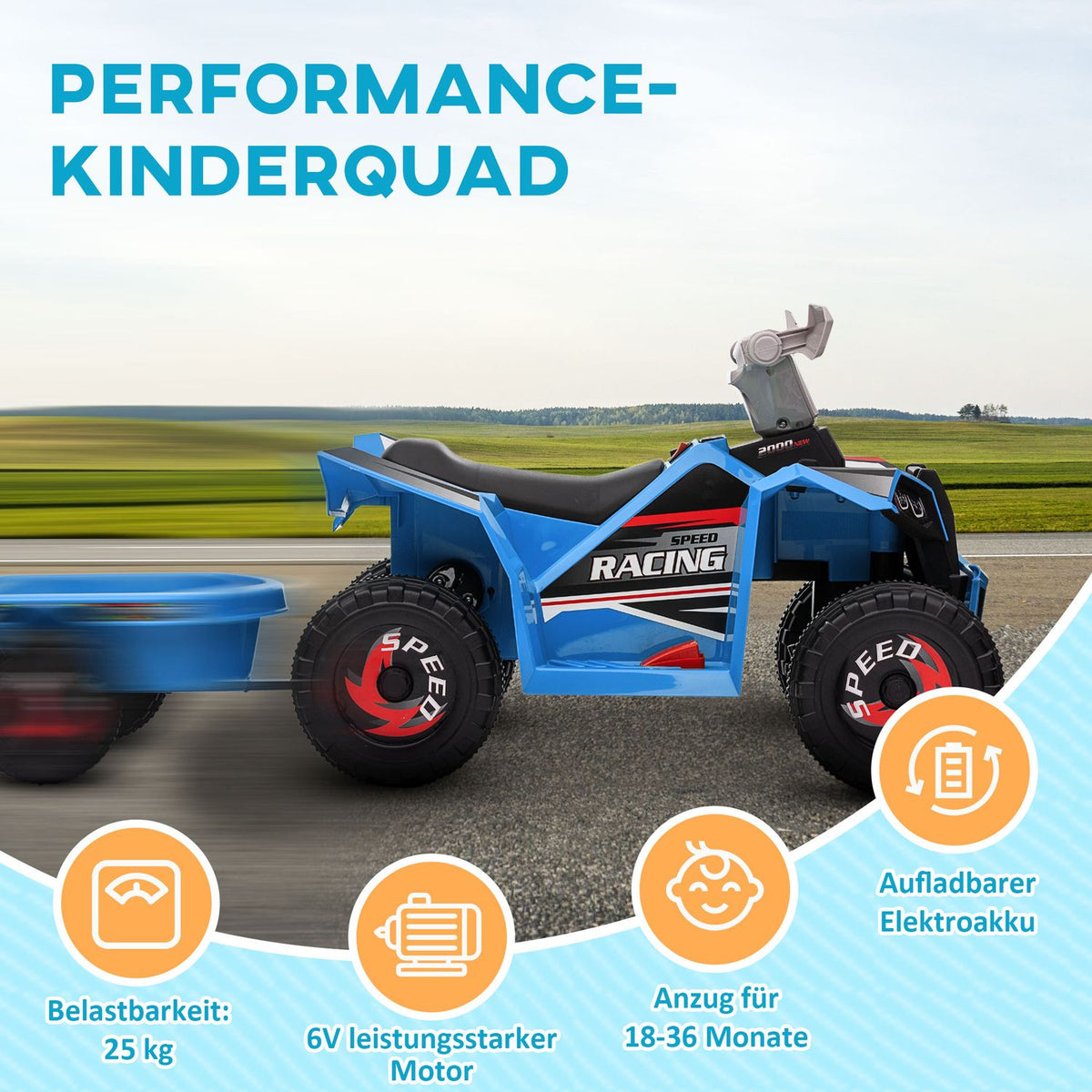 Children'S Quad Children'S Electric Quad, 6V Electric Car With Trailer, Children'S Vehicle For Children 1.5-3 Years, 2.5 Km/H, Metal, Blue