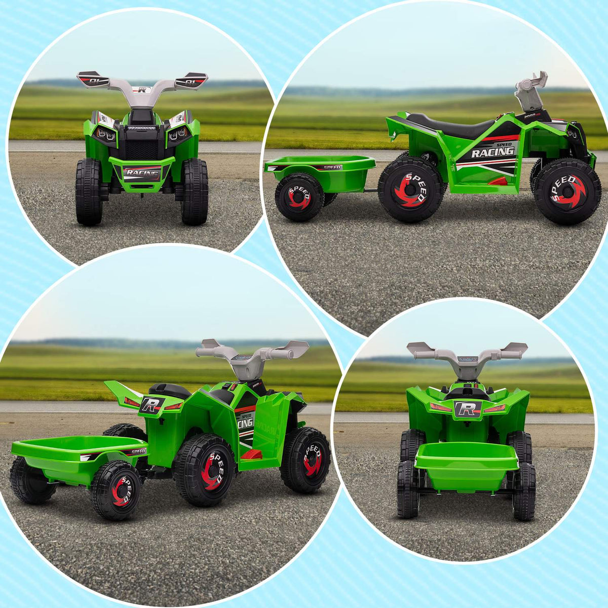 Children'S Quad Children'S Electric Quad, 6V Electric Car With Trailer, Children'S Vehicle For Children 1.5-3 Years, 2.5 Km/H, Metal, Green
