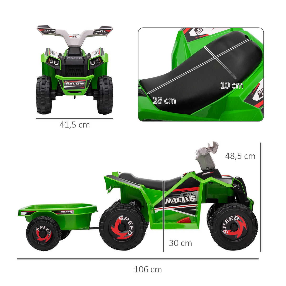 Children'S Quad Children'S Electric Quad, 6V Electric Car With Trailer, Children'S Vehicle For Children 1.5-3 Years, 2.5 Km/H, Metal, Green