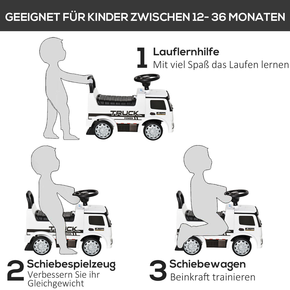 Children'S Ride-On Car Mercedes Antos Truck Style, With Light, For 12-36 Months, White+Black