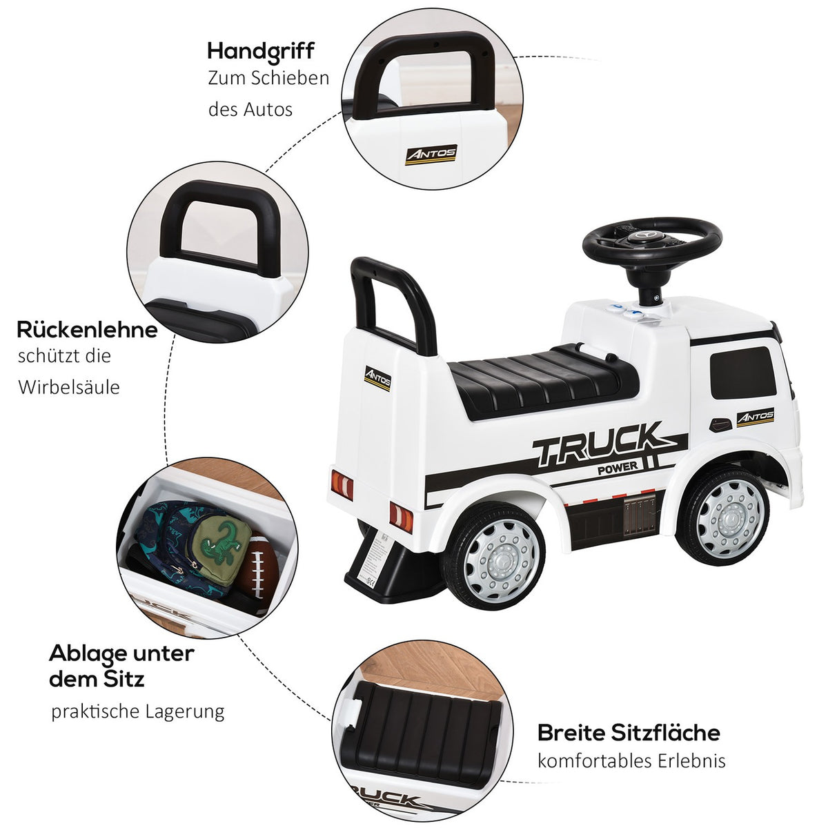 Children'S Ride-On Car Mercedes Antos Truck Style, With Light, For 12-36 Months, White+Black