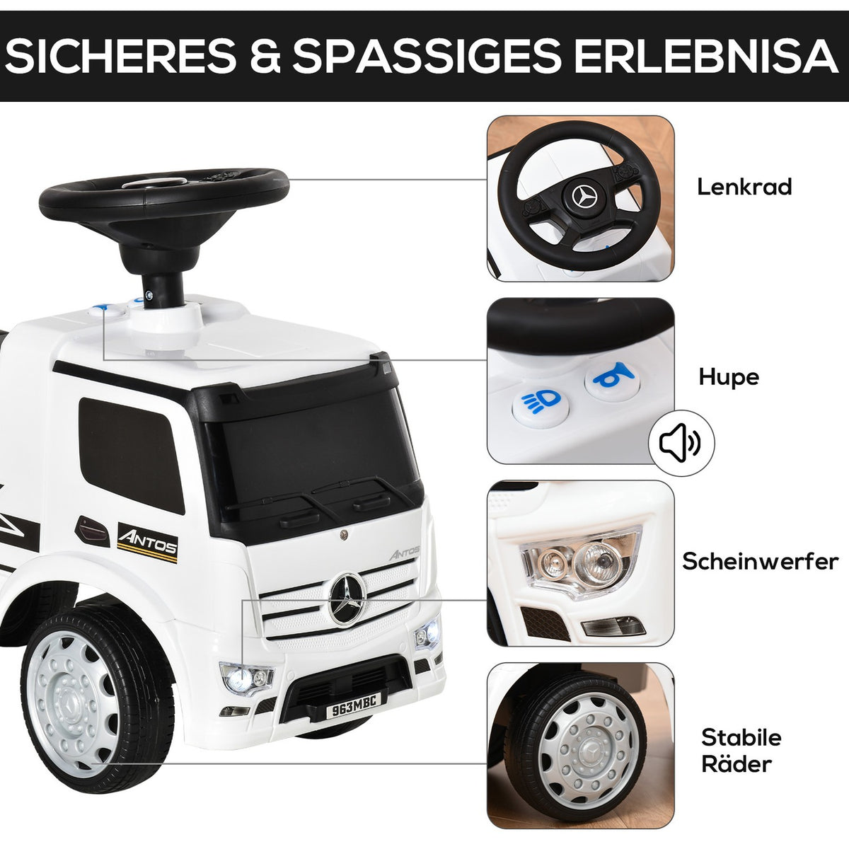 Children'S Ride-On Car Mercedes Antos Truck Style, With Light, For 12-36 Months, White+Black