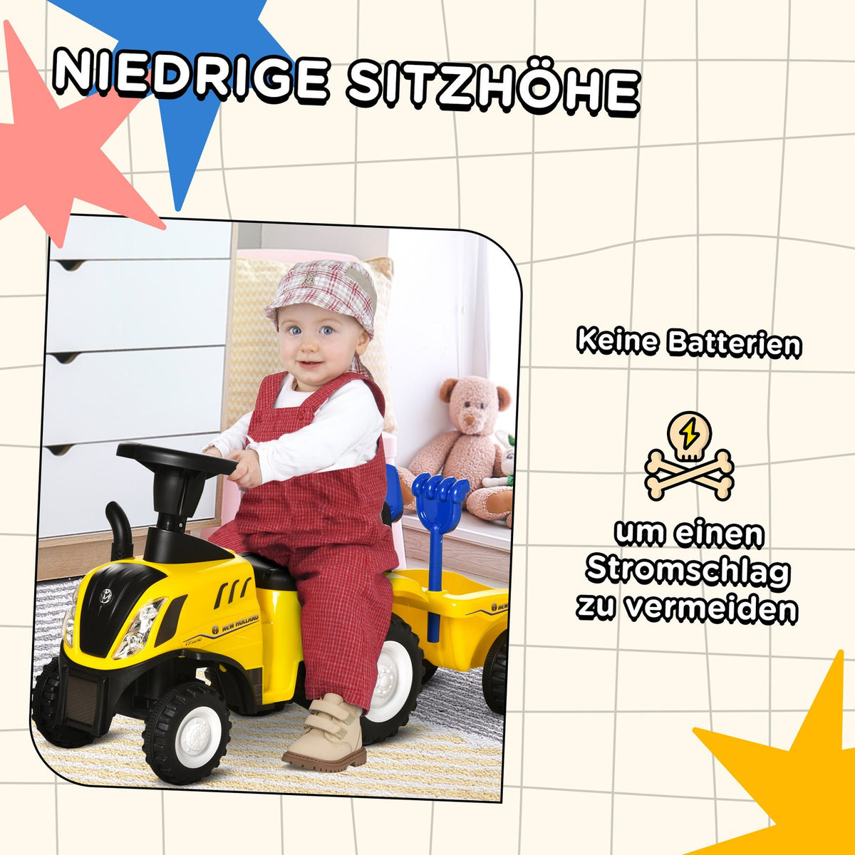 Children'S Ride-On Car With Trailer, Children'S Car, Tractor, Children'S Vehicle, Ride-On Vehicle With Horn For 2-Year-Old Children, Plastic, Metal, Yellow