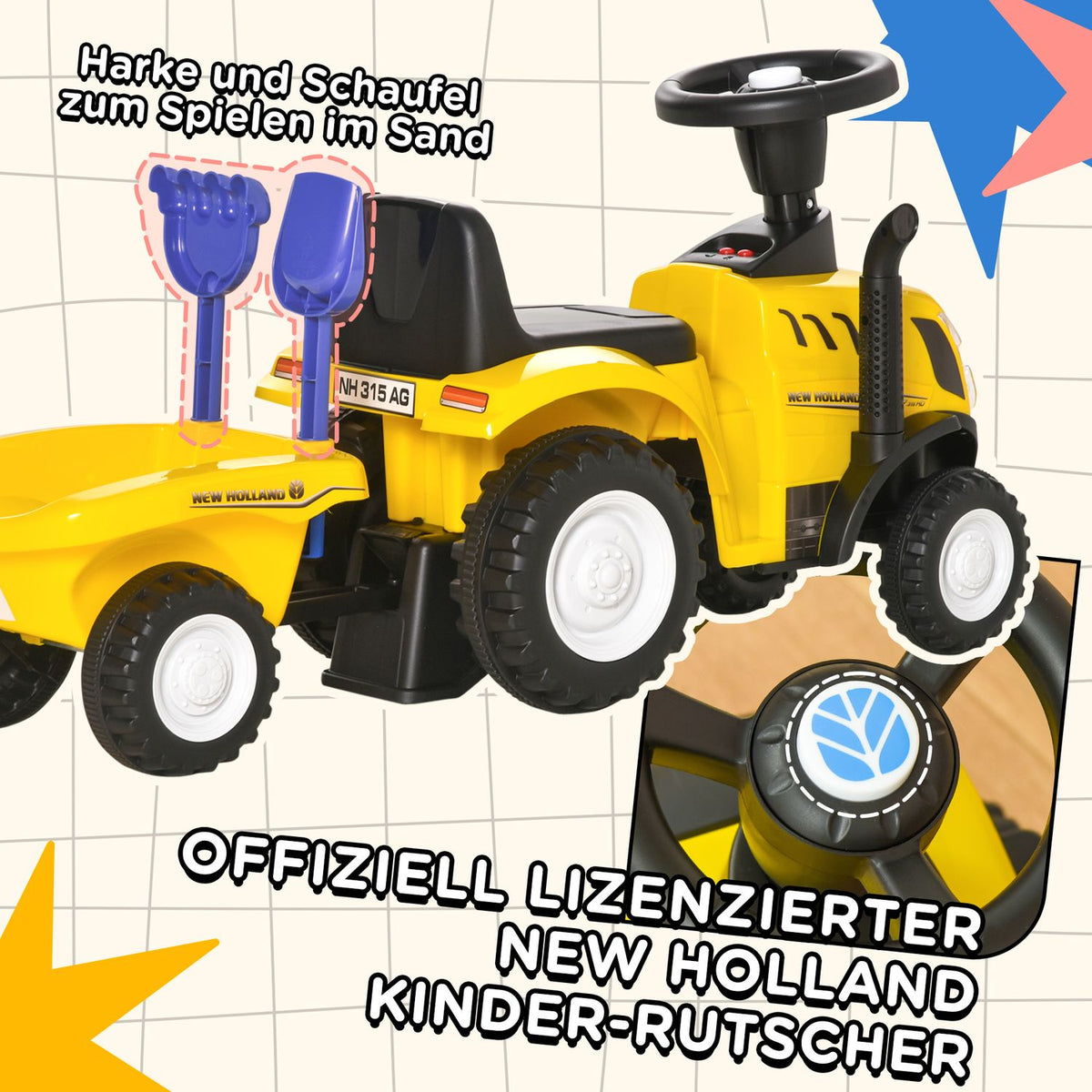 Children'S Ride-On Car With Trailer, Children'S Car, Tractor, Children'S Vehicle, Ride-On Vehicle With Horn For 2-Year-Old Children, Plastic, Metal, Yellow