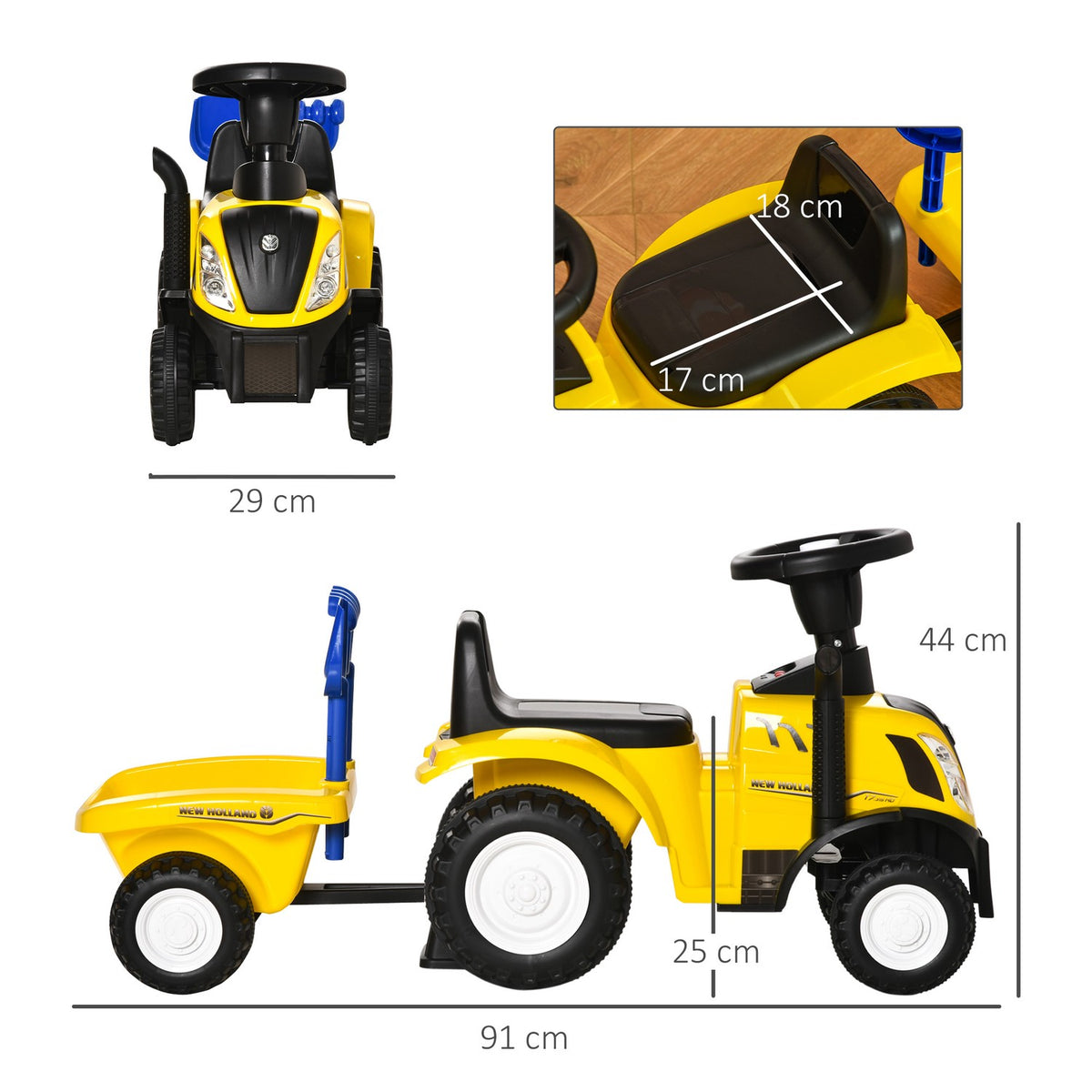 Children'S Ride-On Car With Trailer, Children'S Car, Tractor, Children'S Vehicle, Ride-On Vehicle With Horn For 2-Year-Old Children, Plastic, Metal, Yellow