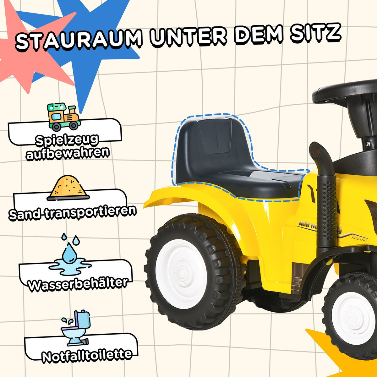 Children'S Ride-On Car With Trailer, Children'S Car, Tractor, Children'S Vehicle, Ride-On Vehicle With Horn For 2-Year-Old Children, Plastic, Metal, Yellow