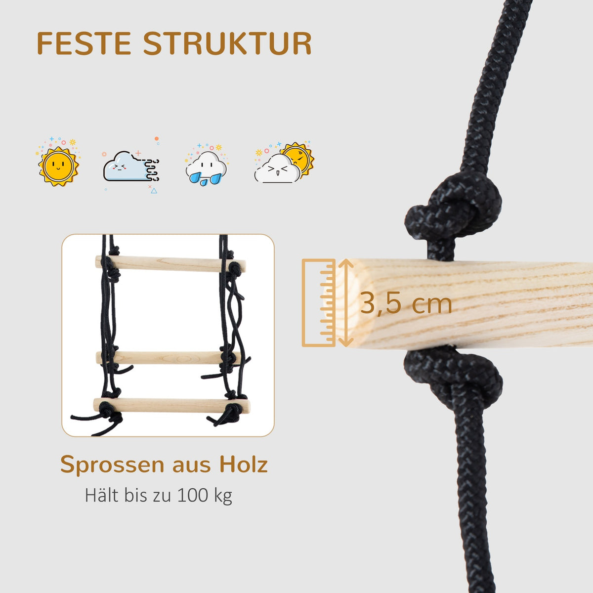 Children'S Rope Ladder Rope Bridge Hanging Ladder Made Of Wood For 3-14 Years 1.65 M Load Capacity Up To 100 Kg Natural 88 X 40 X 165 Cm