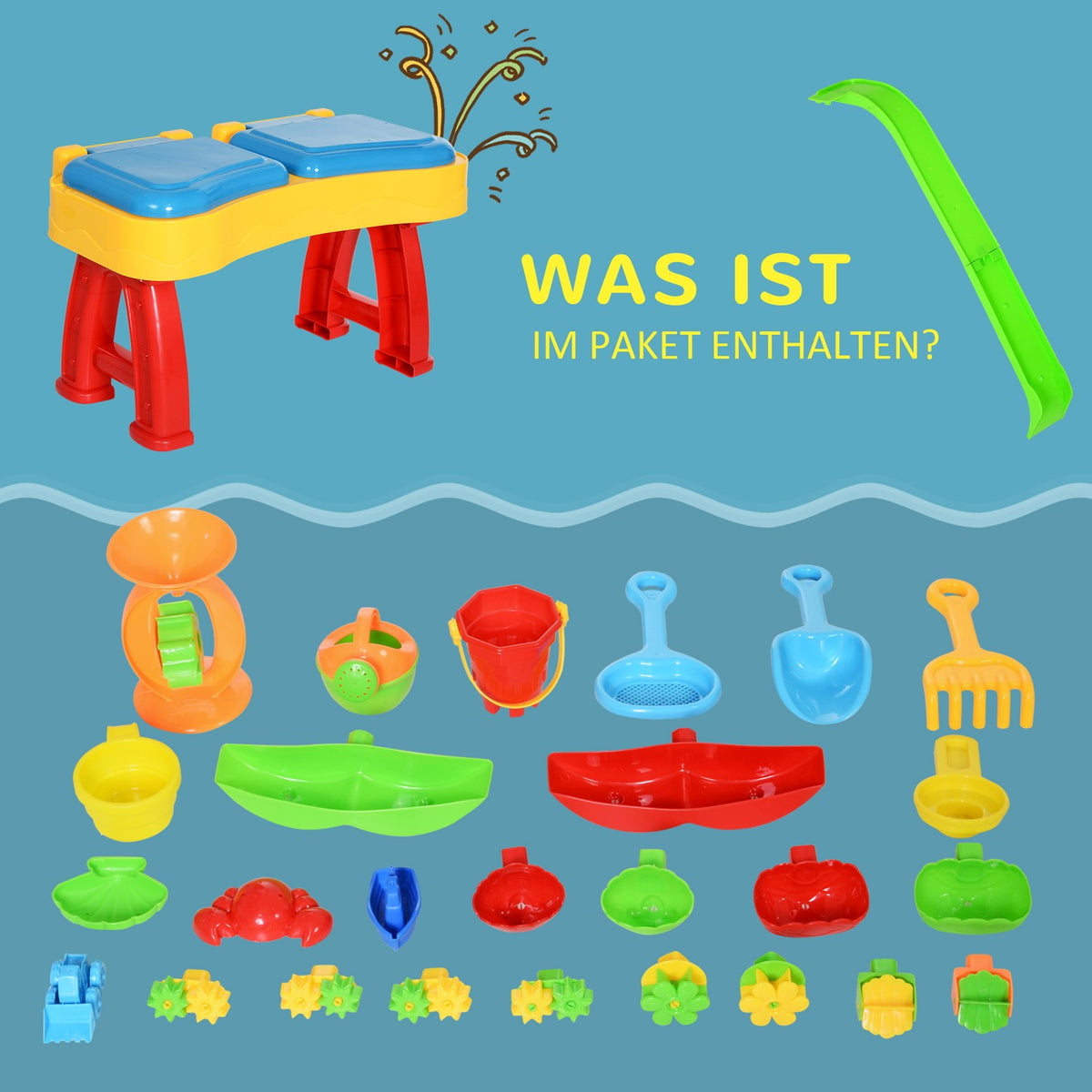 Children'S Sand And Water Play Table Sand Toys, Sandpit Table With 31 Pieces. Beach Toy Accessories, Ages 3 And Up