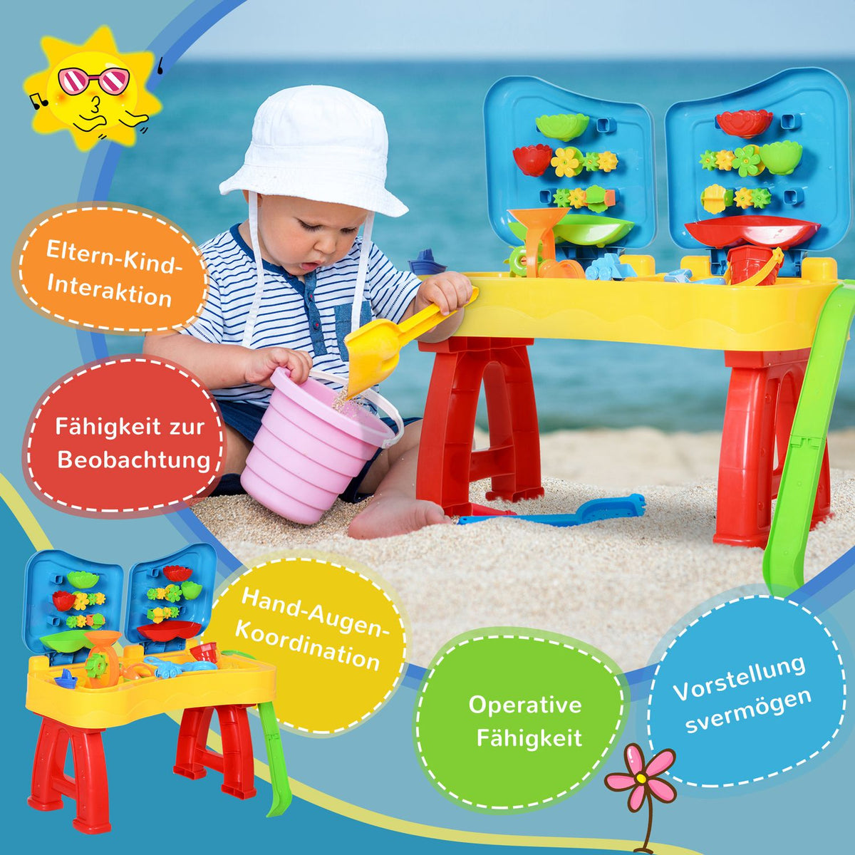 Children'S Sand And Water Play Table Sand Toys, Sandpit Table With 31 Pieces. Beach Toy Accessories, Ages 3 And Up