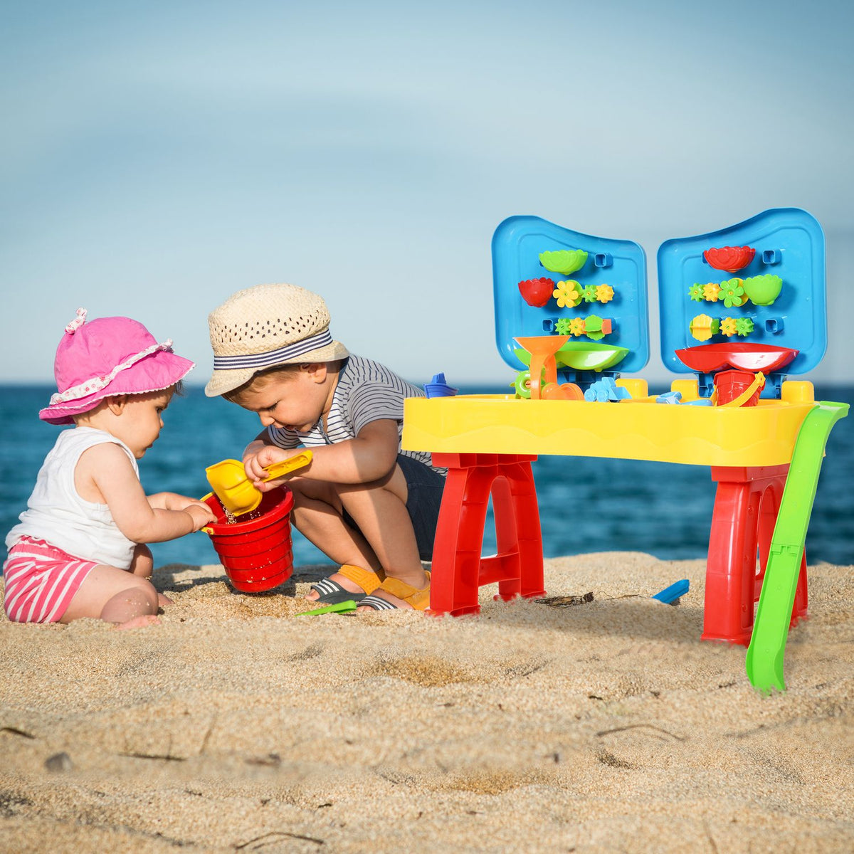 Children'S Sand And Water Play Table Sand Toys, Sandpit Table With 31 Pieces. Beach Toy Accessories, Ages 3 And Up
