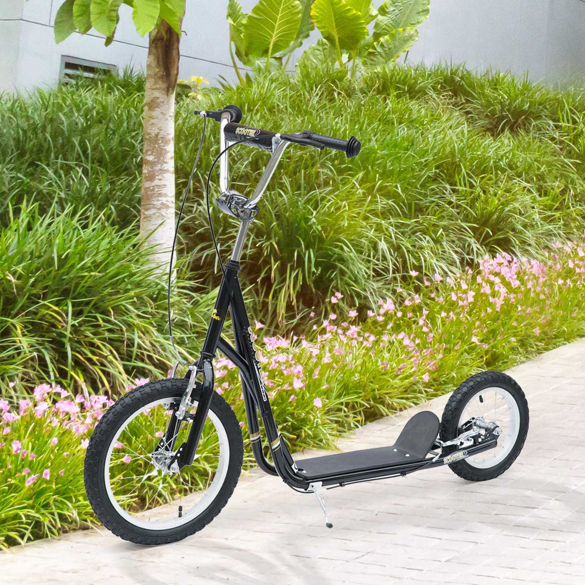 Children'S Scooter 16/12 Inch Scooter With Brakes, City Scooter, Kickboard For Children Aged 5 And Over, Black, 135X58X92-100 Cm