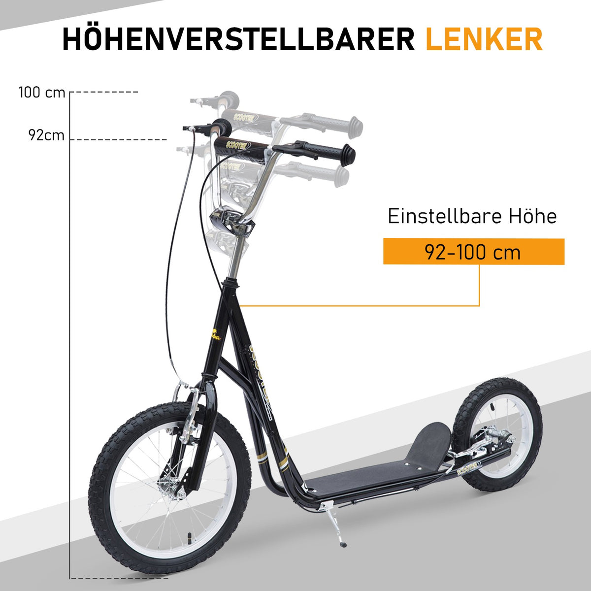 Children'S Scooter 16/12 Inch Scooter With Brakes, City Scooter, Kickboard For Children Aged 5 And Over, Black, 135X58X92-100 Cm
