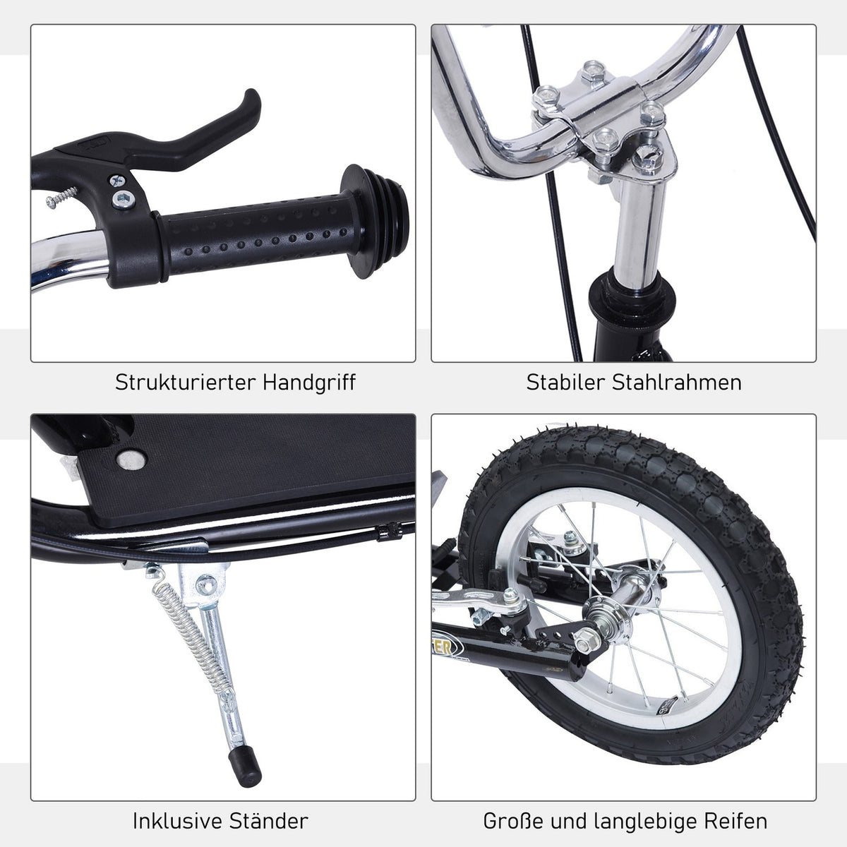 Children'S Scooter 16/12 Inch Scooter With Brakes, City Scooter, Kickboard For Children Aged 5 And Over, Black, 135X58X92-100 Cm