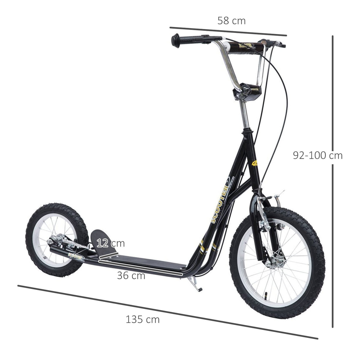Children'S Scooter 16/12 Inch Scooter With Brakes, City Scooter, Kickboard For Children Aged 5 And Over, Black, 135X58X92-100 Cm