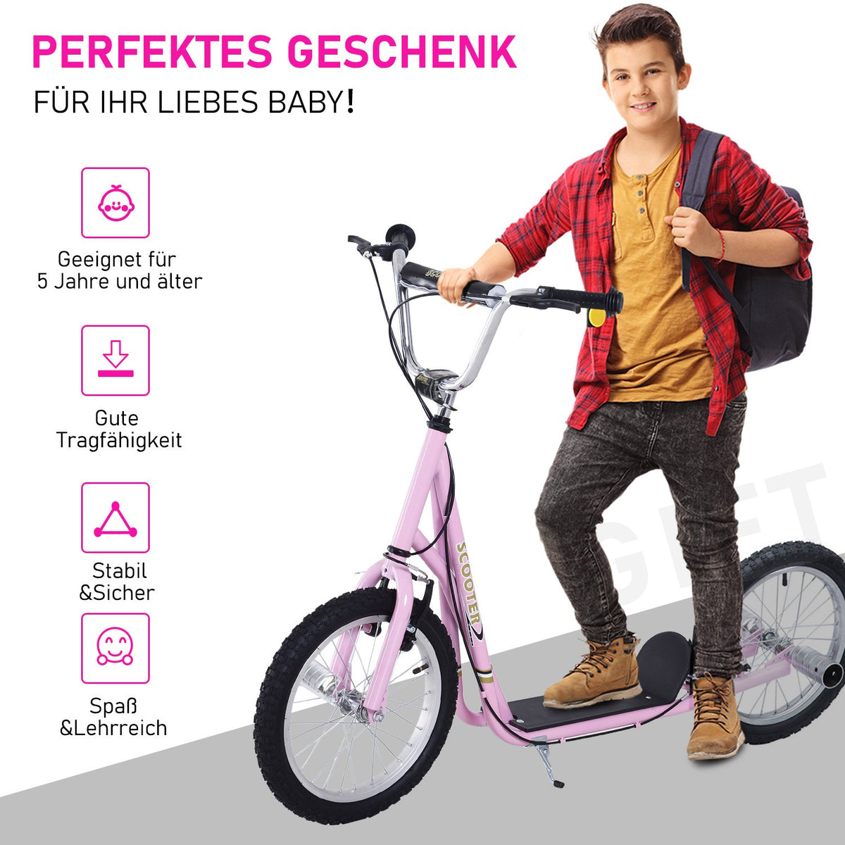 Children'S Scooter 16 Inch Scooter With Pneumatic Tires, Height-Adjustable Kick Scooter, Kick Scooter In Pink For Children Aged 5 And Over
