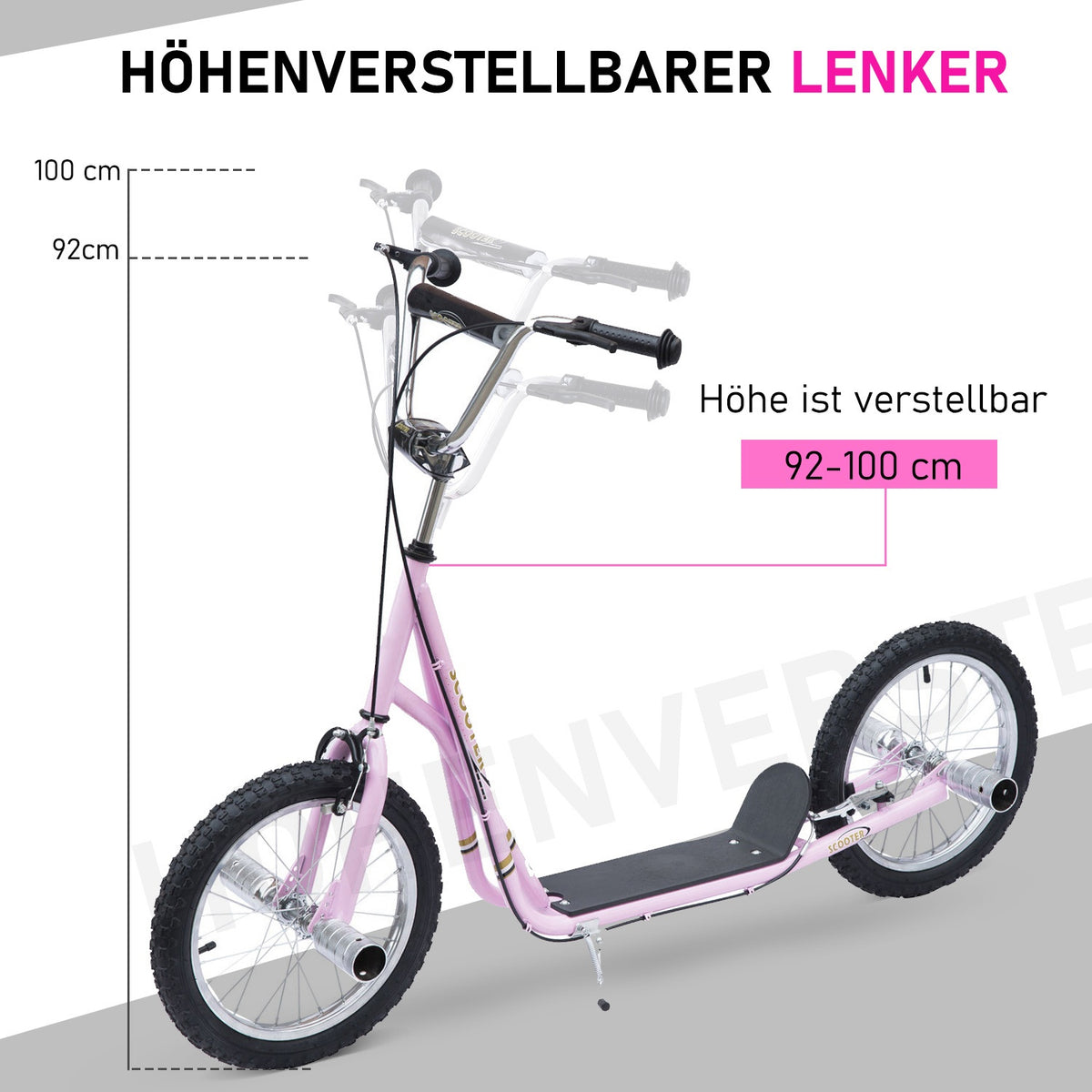 Children'S Scooter 16 Inch Scooter With Pneumatic Tires, Height-Adjustable Kick Scooter, Kick Scooter In Pink For Children Aged 5 And Over