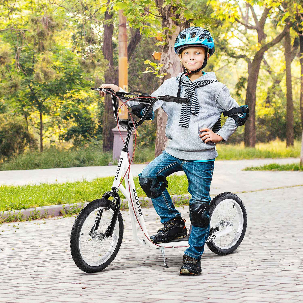 Children'S Scooter, City Scooter, Kick Scooter, Children'S Kickboard With Pneumatic Tires And Handbrake, Scooter, Children, Waterproof, Foldable From 5 Years, 16 Inches, White, 139 X 58 X 90-96 Cm
