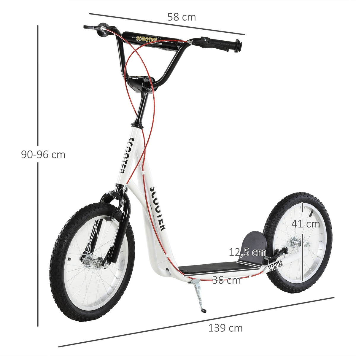 Children'S Scooter, City Scooter, Kick Scooter, Children'S Kickboard With Pneumatic Tires And Handbrake, Scooter, Children, Waterproof, Foldable From 5 Years, 16 Inches, White, 139 X 58 X 90-96 Cm