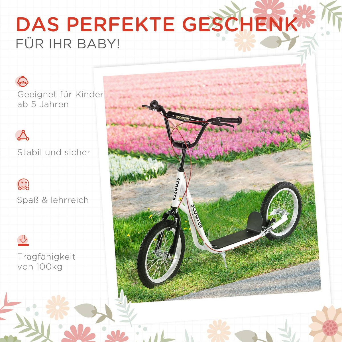 Children'S Scooter, City Scooter, Kick Scooter, Children'S Kickboard With Pneumatic Tires And Handbrake, Scooter, Children, Waterproof, Foldable From 5 Years, 16 Inches, White, 139 X 58 X 90-96 Cm